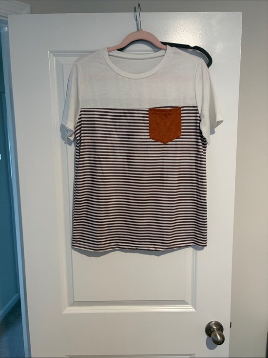 SHEIN Tops - SHEIN White & Brown Striped Short Sleeve Tee with Tan Pocket